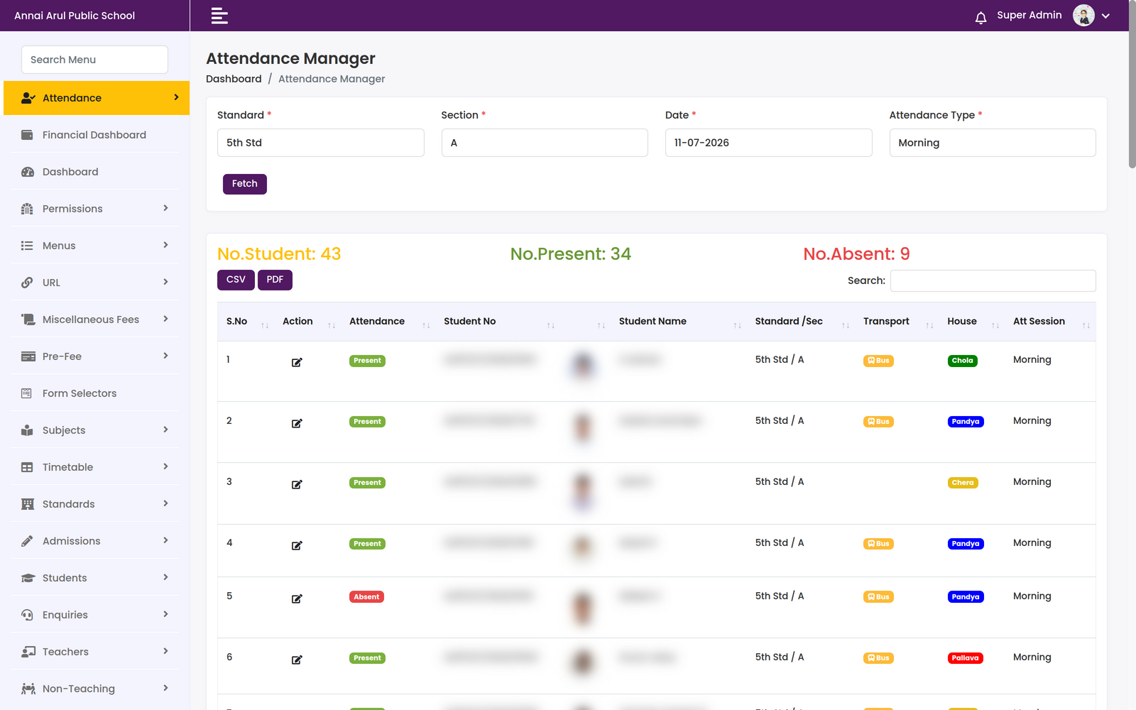 Attendance Manager with standard, section, date and attendance type selectors above a class list where each student is marked Present or Absent