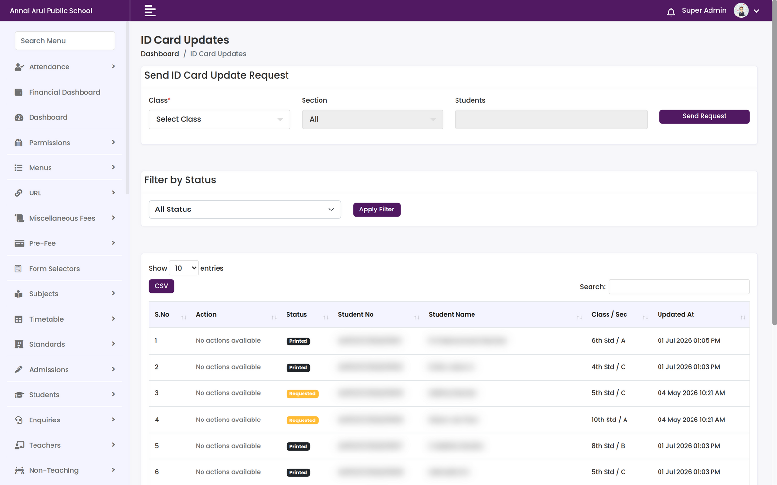 ID Card Updates screen with a send-request panel by class, section and student, a status filter, and a table of requests marked Requested or Printed