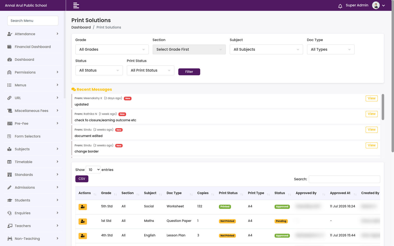 Print Solutions screen with grade, section, subject, doc type, status and print status filters, a recent messages thread, and a table of print requests with copies, print status and approval