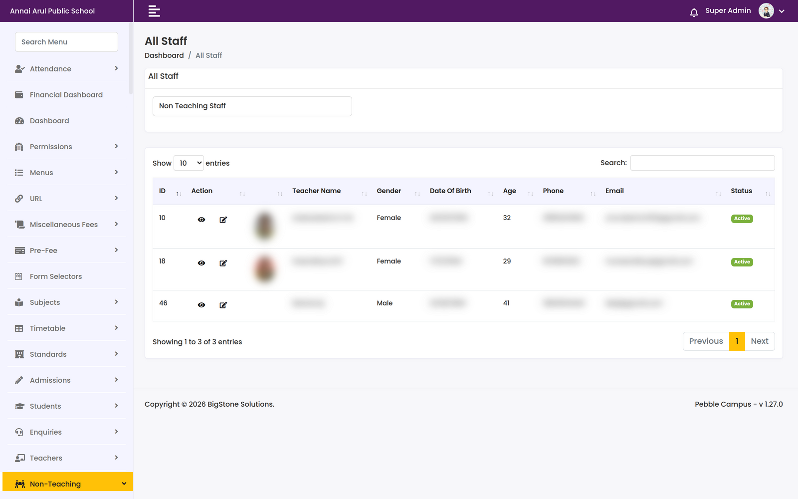 All Staff screen filtered to Non Teaching Staff, listing three staff records with the same structure as the teacher register