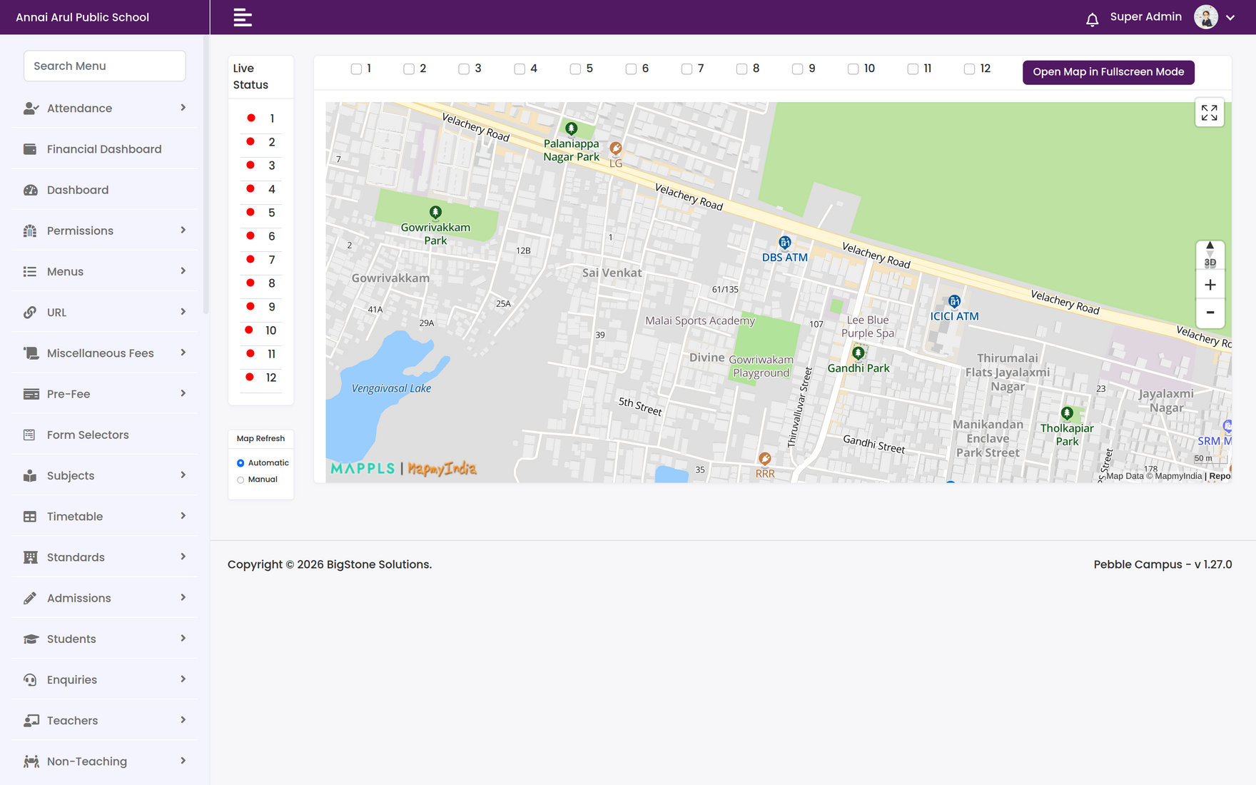 Transport live map showing school bus routes on a Mappls map beside a live status list of vehicles